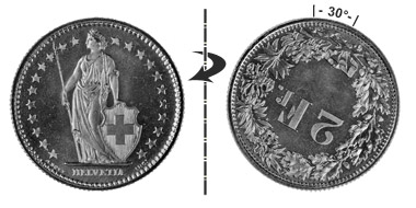 2 francs 1973, 30° rotated